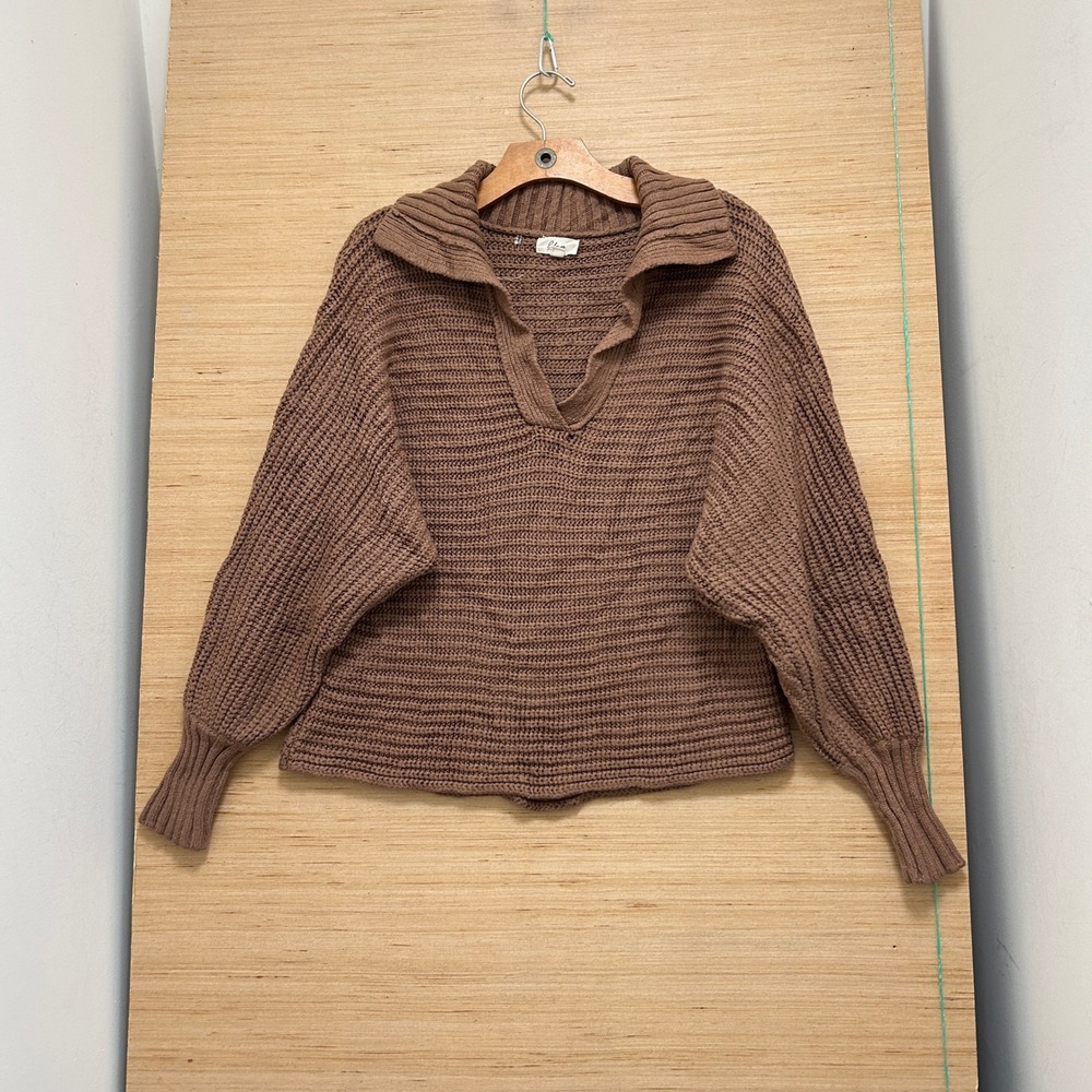 Elan Brown Chunky Knit Dolman Sleeve Collared V-Neck Sweater Womens Size M
